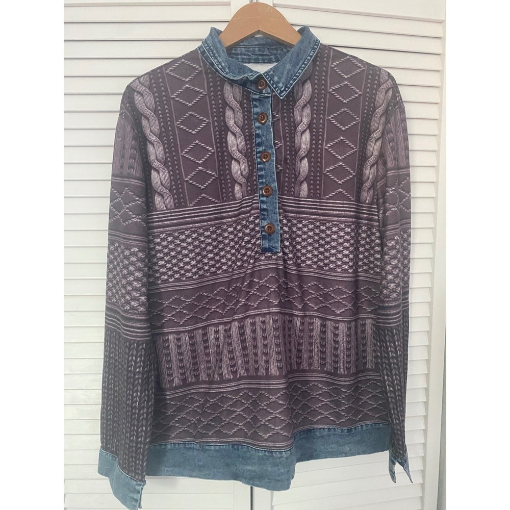 Purple Cable Knit Print Henley Top with Denim Trim XL Long Sleeve Shirt
